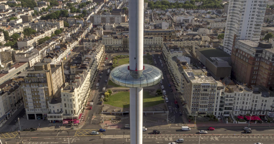 The ‘vertical pier’, known officially as the British Airways i360, gives passengers a 26 mile view when they enter the circular pod that takes them 138 m up a steel pole into the sky.