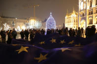 People hold a big European Union flag during a protest against a proposed new labor law, billed as the "slave law", in front of the Parliament building in Budapest, Hungary, December 18, 2018. REUTERS/Marko Djurica