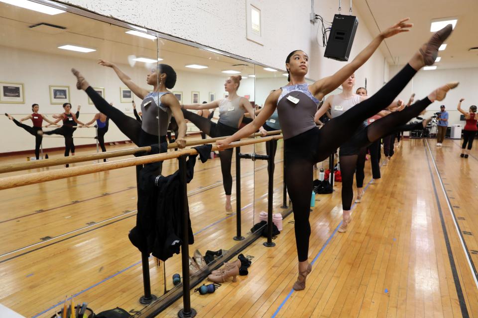 Sasha Bass-Ulmer, 22, from Chicago, Illinois takes a ballet class with an instructor from Dance Theater of Harlem at the invite-only Rockettes conservatory, July 19, 2022 at Radio City Music Hall in New York City. The conservatory is a week-long intensive training program at no cost to participants. The dancers learn techniques and choreography from diversity partners and Rockettes.