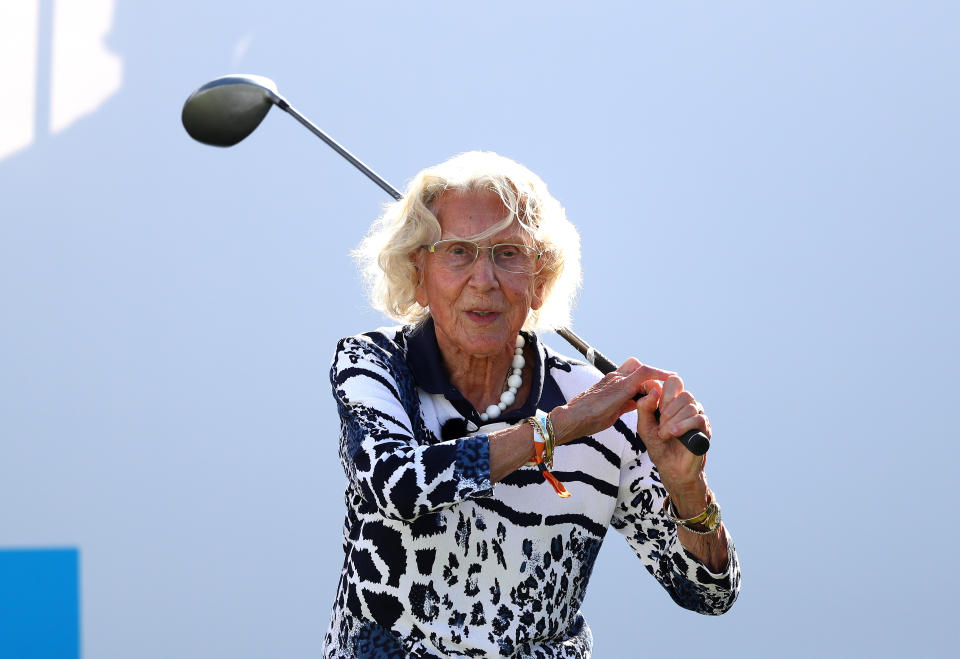 100-year-old Susan Hosang stole the show Thursday at the KLM Open in the Netherlands, holding her own with the European Tour pros.