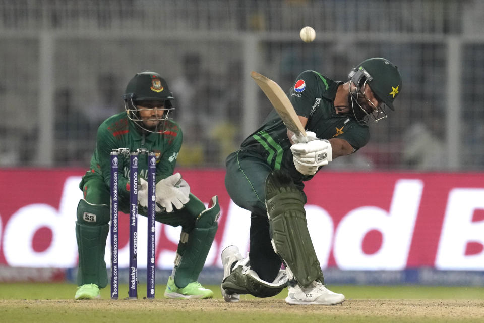 Pakistan's Fakhar Zaman plays a shot during the ICC Men's Cricket World Cup match between Bangladesh and Pakistan in Kolkata, India, Tuesday, Oct. 31, 2023. (AP Photo/Bikas Das)