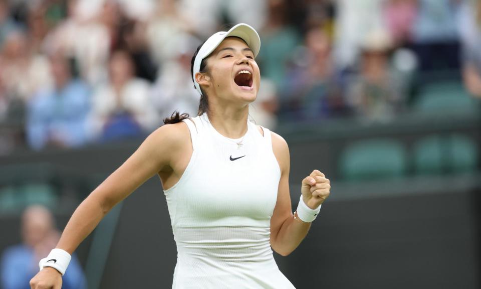 <span>Emma Raducanu celebrates after beating Elise Mertens 6-1, 6-2.</span><span>Photograph: Rob Newell/CameraSport/Getty Images</span>