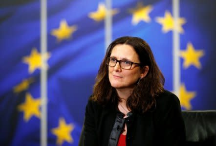 European Trade Commissioner Cecilia Malmstrom speaks during an interview with Reuters at the EU Commission headquarters in Brussels, Belgium, January 15, 2018. REUTERS/Francois Lenoir