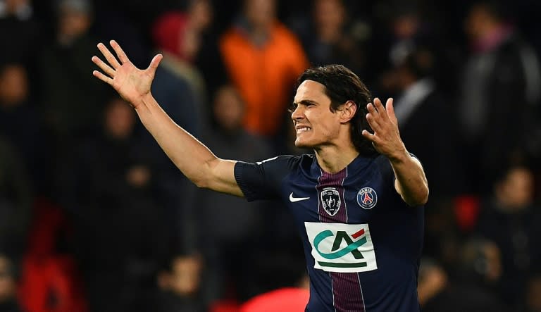 Paris Saint-Germain's forward Edinson Cavani celebrates his goal during the French Cup semi-final match against Monaco April 26, 2017