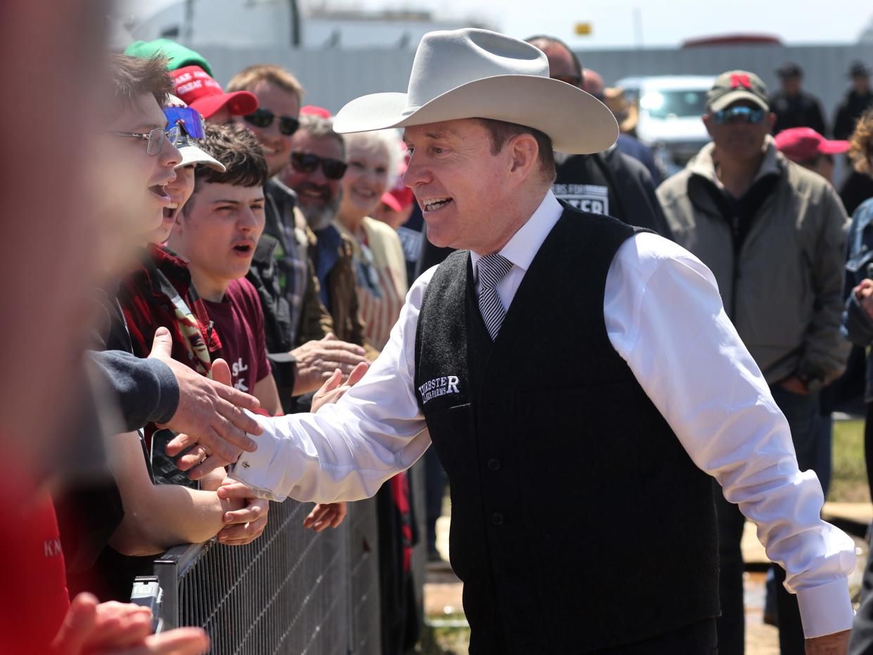 Nebraska candidate for governor Charles Herbster greets guests before the start of a rally with former President Donald Trump on May 01, 2022 in Greenwood, Nebraska. The rally at the I80 Speedway was rescheduled from Friday after severe weather passed through the area.
