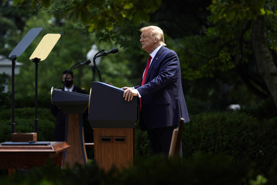 President Donald Trump speaks before signing an executive order on the "White House Hispanic Prosperity Initiative," in the Rose Garden of the White House, Thursday, July 9, 2020, in Washington. (AP Photo/Evan Vucci)