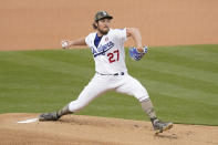 Los Angeles Dodgers starting pitcher Trevor Bauer (27) throws during the first inning of a baseball game against the Miami Marlins Saturday, May 15, 2021, in Los Angeles. (AP Photo/Ashley Landis)