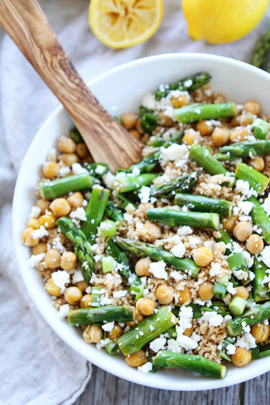 <p>Two Peas and Their Pod</p><p>The lemon vinaigrette adds fresh flavor to this light salad. </p><p><strong>Get the recipe: <a href="https://www.twopeasandtheirpod.com/asparagus-chickpea-quinoa-salad/" rel="nofollow noopener" target="_blank" data-ylk="slk:Asparagus Chickpea Quinoa Salad;elm:context_link;itc:0;sec:content-canvas" class="link rapid-noclick-resp">Asparagus Chickpea Quinoa Salad</a> </strong></p>