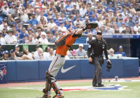 Jun 9, 2018; Toronto, Ontario, CAN; Baltimore Orioles catcher Chance Sisco (15) catches a foul ball for an out during the eighth inning against the Toronto Blue Jays at Rogers Centre. Mandatory Credit: Nick Turchiaro-USA TODAY Sports