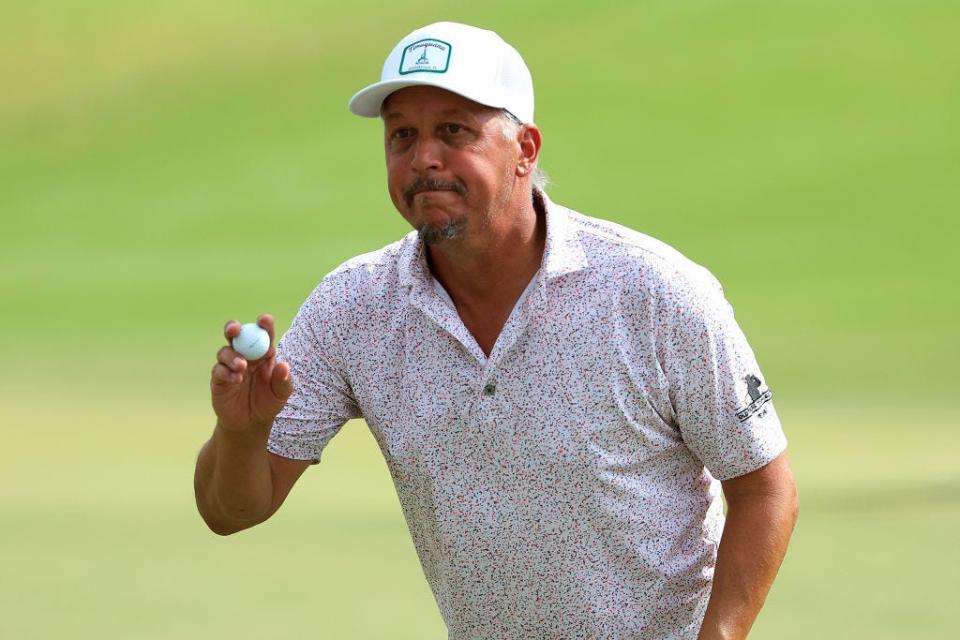 JACKSONVILLE, FLORIDA - OCTOBER 04: Freddie Jacobson of Sweden acknowledges the crowd on the ninth hole during the first round of the Constellation FURYK & FRIENDS 2024 at Timuquana Country Club on October 04, 2024 in Jacksonville, Florida. (Photo by Sam Greenwood/Getty Images)