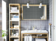 <body> <p>If you lack a linen closet, tall shelving can be a lifesaver for storing towels, cleaning products, a wastebasket, and more. Choose a unit that has open compartments to keep things easily accessible but still organized. As a bonus, this trick will also make your <a rel="nofollow noopener" href=" http://www.bobvila.com/slideshow/9-clever-ways-to-counteract-low-ceilings-49214?bv=yahoo" target="_blank" data-ylk="slk:ceilings seem taller;elm:context_link;itc:0;sec:content-canvas" class="link ">ceilings seem taller</a> and the room feel more spacious. </p> <p><strong>Related: <a rel="nofollow noopener" href=" http://www.bobvila.com/slideshow/10-ways-to-live-large-in-a-very-small-space-44561?bv=yahoo" target="_blank" data-ylk="slk:10 Ways to Live Large in a (Very) Small Space;elm:context_link;itc:0;sec:content-canvas" class="link ">10 Ways to Live Large in a (Very) Small Space</a> </strong> </p> </body>