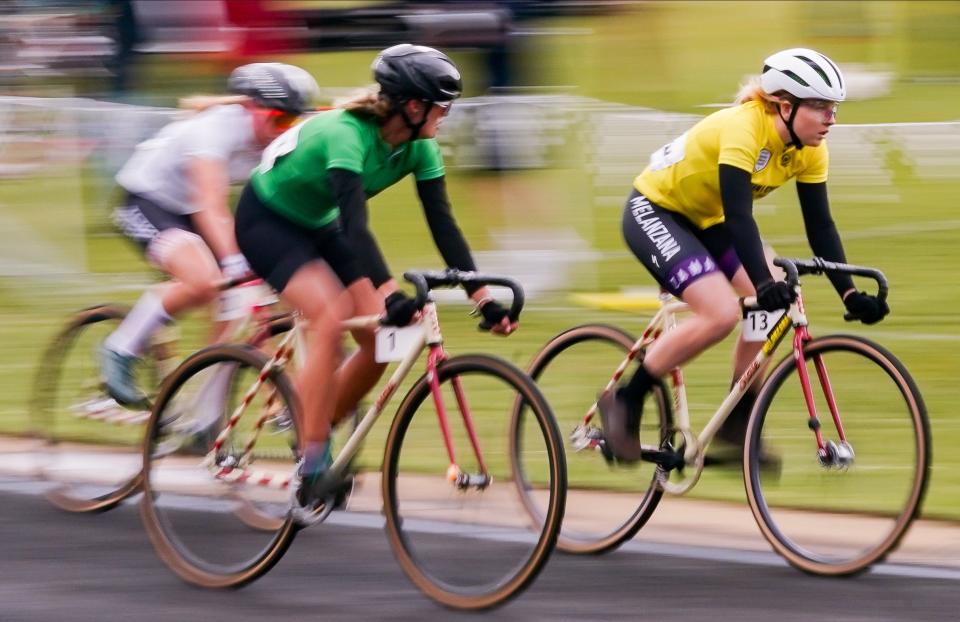 Melanzana’s Grace Washburn races with the lead pack during the 35th running of the Women’s Little 500 at Bill Armstrong Stadium on Friday, April 21, 2023.