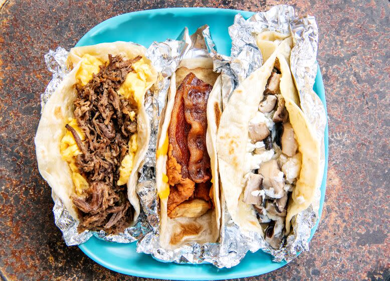 LOS ANGELES, CA - OCTOBER 20: Breakfast tacos from HomeState including (from left to right) Pecos, Don't Mess with Texas and Blanco taken in the outside patio of HomeState on Tuesday, Oct. 20, 2020 in Los Angeles, CA. (Mariah Tauger / Los Angeles Times)