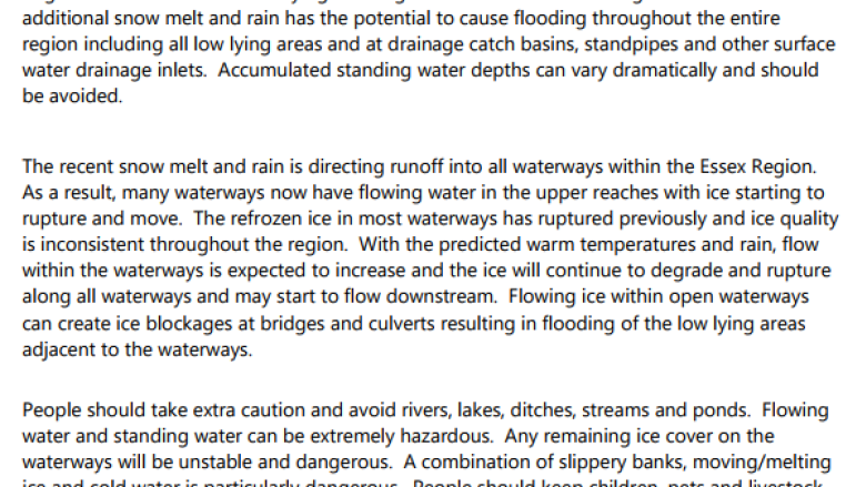 ERCA issues flood outlook due to expected rain and warm temperatures