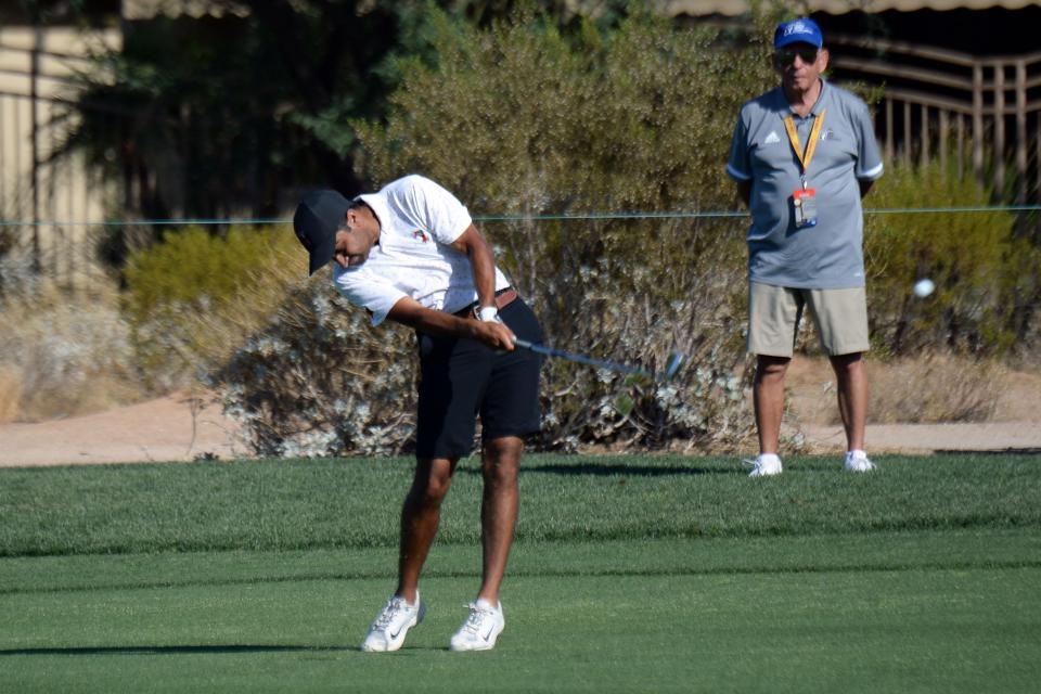 Oklahoma State's Aman Gupta, shown here at another tournament, is three strokes behind teammate Eugenio Lopez-Chacarra for the lead at the NCAA Men's Golf Regional in Columbus, Ohio.