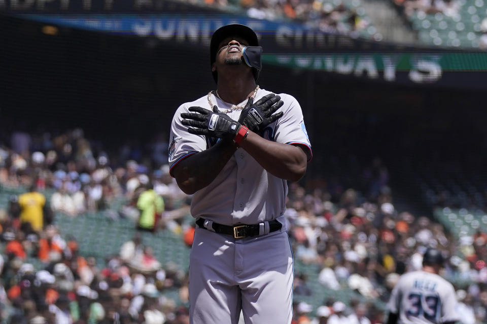 Miami Marlins' Jorge Soler gestures after hitting a home run during the first inning of a baseball game against the San Francisco Giants, Sunday, May 21, 2023, in San Francisco. (AP Photo/Jeff Chiu)