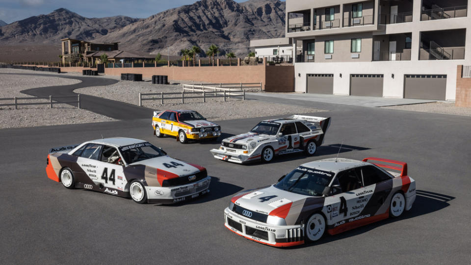 Historic Audi motorsport cars, clockwise from left: a 1988 Audi 200 Quattro TransAm production racer, 1984 Audi Rallye Quattro A2 Group B rally car, 1987 Audi Sport Quattro S1 Pikes Peak Hill Climb variant and a 1989 Audi 90 Quattro IMSA-GTO production racer. - Credit: Audi AG