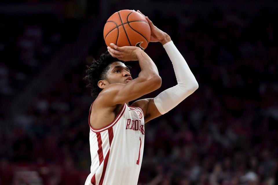 Arkansas guard Isaiah Joe (1) against LSU during the first half of an NCAA college basketball game Wednesday, March 4, 2020, in Fayetteville, Ark. (AP Photo/Michael Woods)