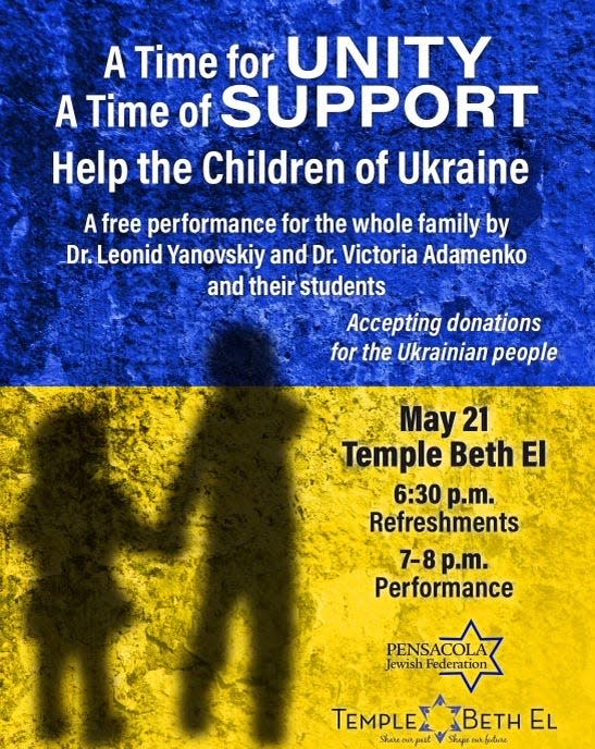 A free performance to help aid the people of Ukraine will take place at 7 p.m. on May 21st at Temple Beth El.