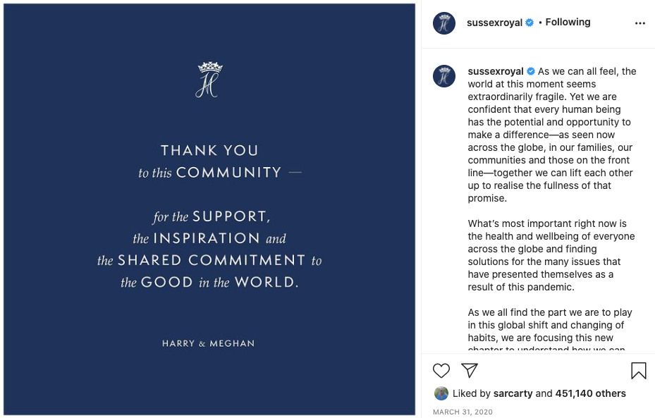 The couple thanked their supporters in their final post on the @sussexroyal instagram account. Photo: Instagram/sussexroyal.