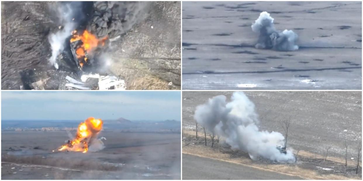 A composite image showing four apparent Javelin strikes on Russian tanks in Marinka, Donetsk Oblast, shared February 28 2023. The four images show bursts of smoke and flame against a background of fields.