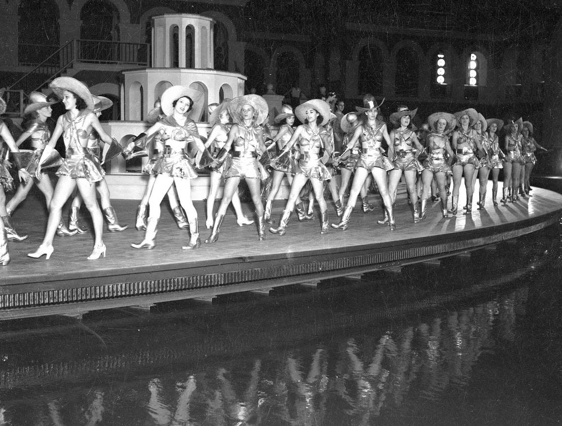 Showgirls dressed as cowgirls in gold costumes dance at the Casa Mañana’s Grand Finale “A Masque of Texas” in 1936.