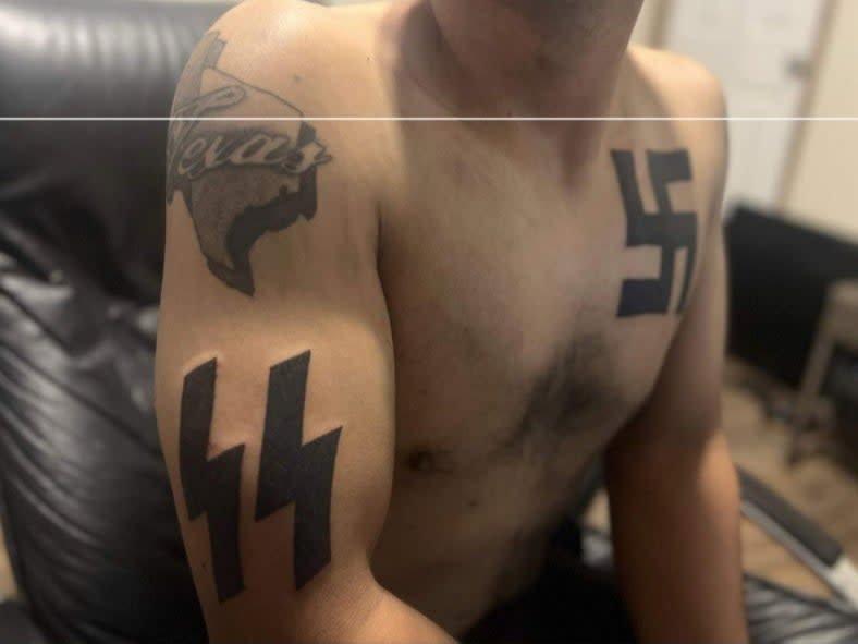 Nazi tattoos are seen in an image posted to an ok.ru profile which allegedly belongs to Texas mall shooting suspect Mauricio Garcia (ok.ru)