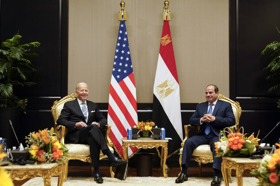 President Joe Biden speaks during a meeting with Egyptian President Abdel Fattah el-Sisi, at the COP27 U.N. Climate Summit, Friday, Nov. 11, 2022, at Sharm el-Sheikh, Egypt. (AP Photo/Alex Brandon)