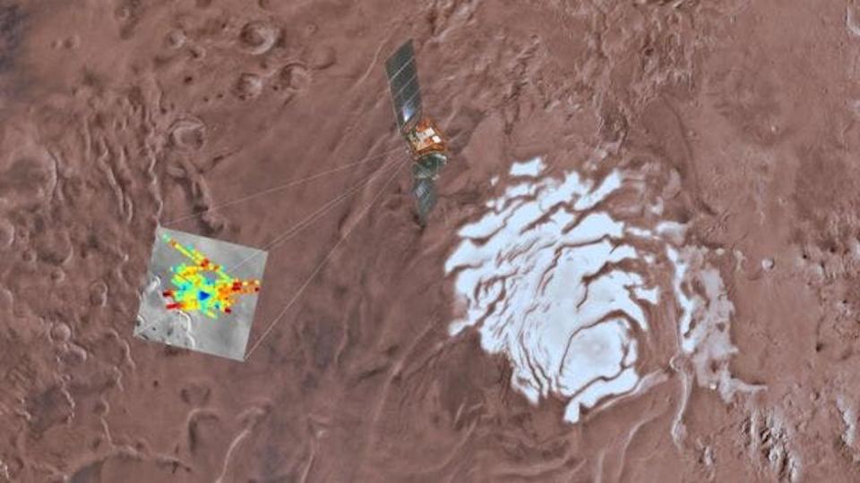 El descubrimiento del primer lago subglacial (en azul oscuro), realizado por el instrumento Marsis de la sonda Mars Express al escanear el subsuelo alrededor del polo sur de Marte. USGS / ARIZONA STATE UN / INAF