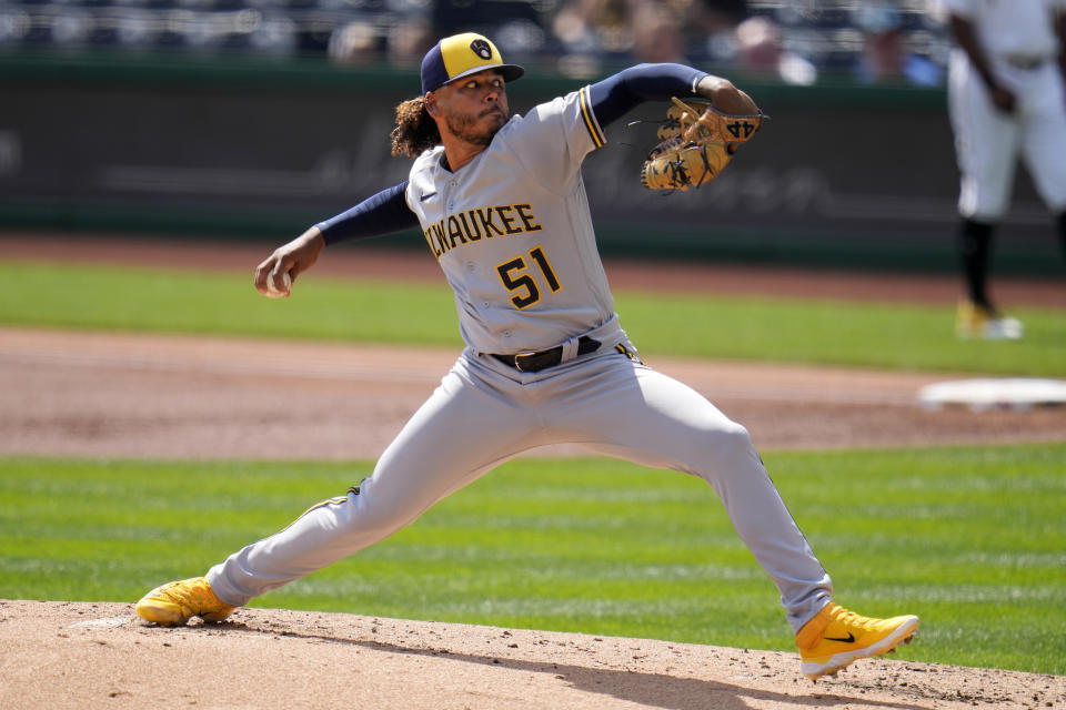 Milwaukee Brewers starting pitcher Freddy Peralta delivers during the first inning of a baseball game against the Pittsburgh Pirates in Pittsburgh, Wednesday, Sept. 6, 2023. (AP Photo/Gene J. Puskar)