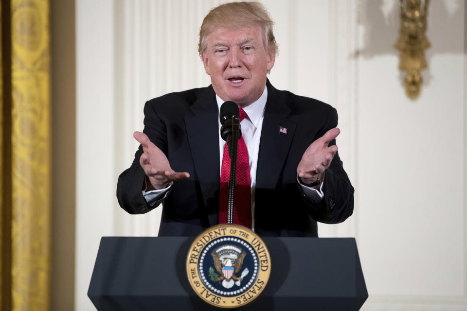 In this March 29, 2017, photo, President Donald Trump speaks at a women's empowerment panel in the East Room of the White House in Washington. The Republican attempt to repeal Obamacare is dead. Well, maybe the timing just isn’t right yet. Hey, this will be easy! This is never-say-die Washington, where big legislative proposals that are in the casket one day suddenly show signs of a shallow pulse the next. (AP Photo/Andrew Harnik)