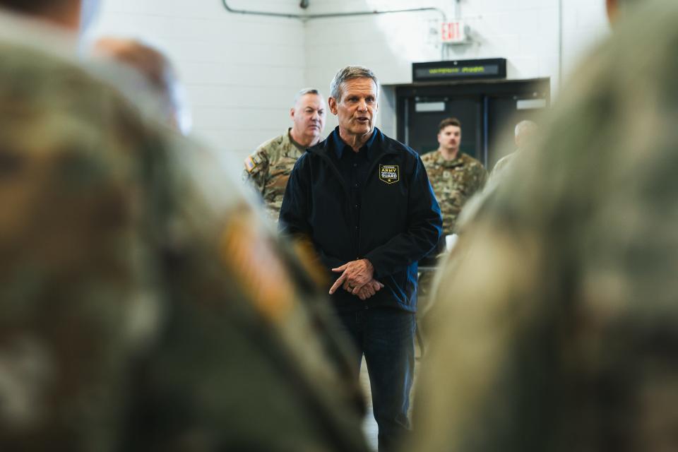 Gov. Bill Lee met with Tennessee National Guard troops in Millington, Tennessee on March 2 ahead of their deployment to a Texas border operation.
