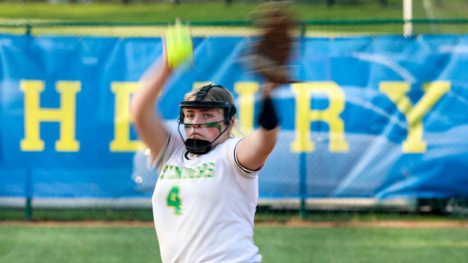 Bryan Station’s Karsyn Rockvoan (4) pitched during a 42nd District Softball Tournament against Henry Clay at Henry Clay High School on May 17, 2023. Rockvoan returns this season to lead the Defenders in the circle once again.