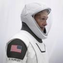 This undated photo made available by SpaceX shows NASA astronaut Doug Hurley in his spacesuit at SpaceX headquarters in Hawthorne, Calif. On Wednesday, May 27, 2020, Hurley and Bob Behnken are scheduled to pilot a SpaceX Dragon capsule to the International Space Station. It will be the first astronaut launch from NASA’s Kennedy Space Center since the last shuttle flight in 2011. (Ashish Sharma/SpaceX via AP)
