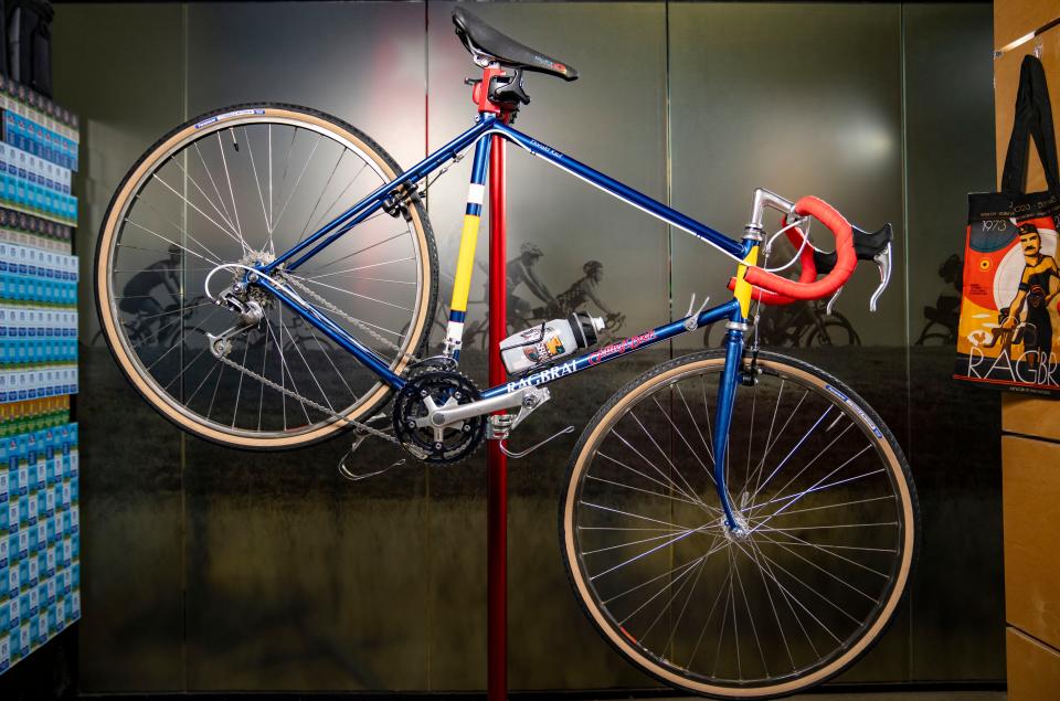 A bike that was built for RAGBRAI co-founder Donald Kaul hangs at the RAGBRAI office, Tuesday, Jan. 23, 2024.