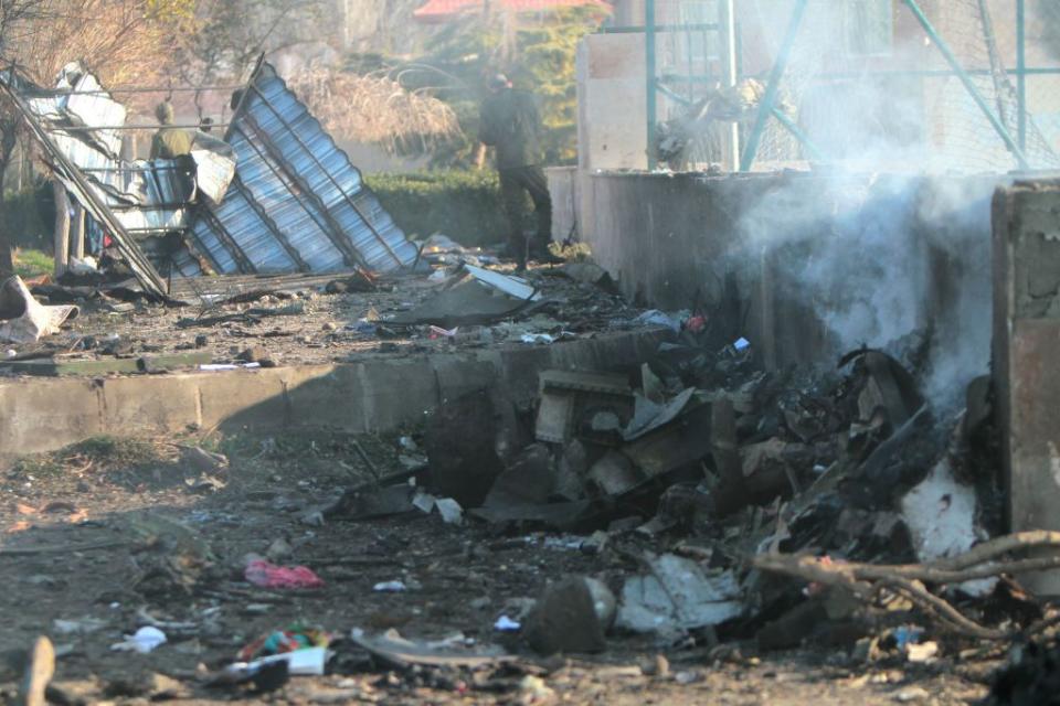 The crash site of a Ukrainian airliner that burst into flames shortly after take-off from Tehran on Wednesday, killing all 176 people.