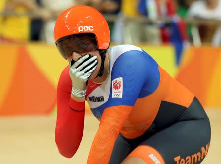 2016 Rio Olympics - Cycling Track - Final - Women's Keirin Final Race for 1st-6th Places - Rio Olympic Velodrome - Rio de Janeiro, Brazil - 13/08/2016. Elis Ligtlee (NED) of Netherlands reacts after winning gold. REUTERS/Matthew Childs