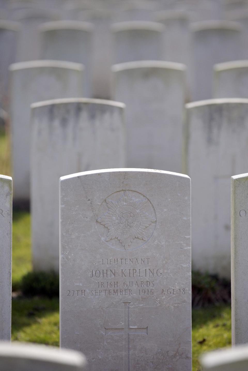 The gravestone of writer Rudyard Kipling's only son, Lt. John Kipling, stands among other World War One graves at St. Mary's Advanced Dressing Station Cemetery in Haisnes, France on Thursday, March 13, 2014. After his only son was killed in the Battle of Loos, Rudyard Kipling became an influential member of the Imperial War Graves Commission, later renamed the Commonwealth War Graves Commission, which established the standard gravestone of Portland stone, seen in Commonwealth cemeteries around the world. It was Kipling who suggested the phrase 'Their Name Liveth For Evermore' for memorial markers, and 'Known unto God', for the graves of those soldiers who bodies could not be identified. (AP Photo/Virginia Mayo)
