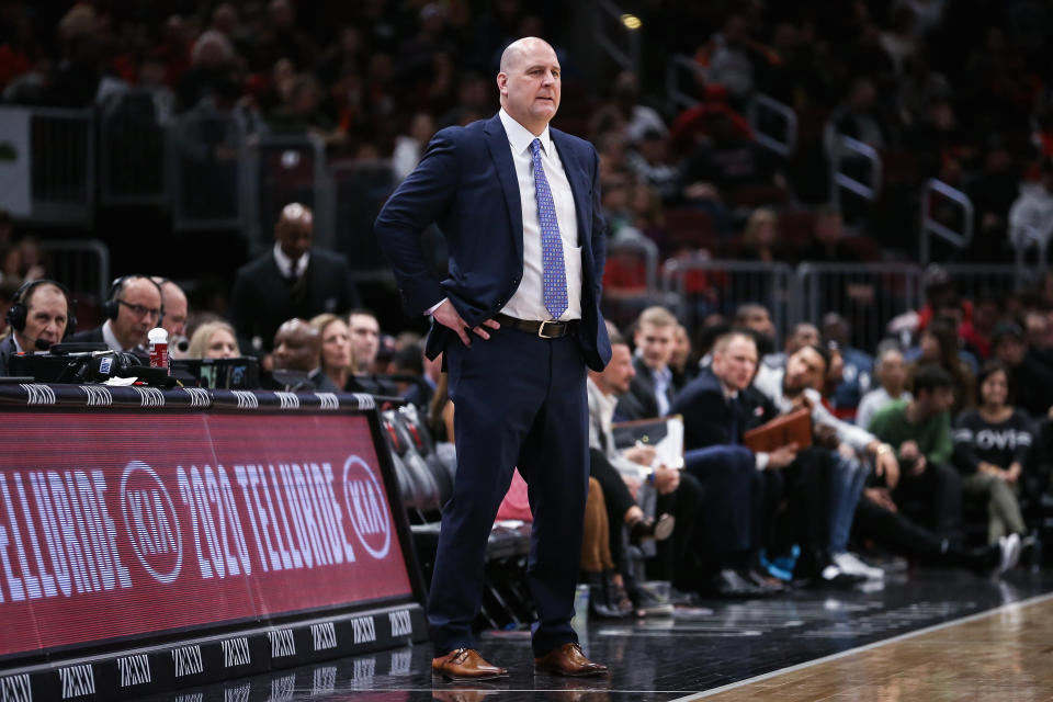 CHICAGO, ILLINOIS - MARCH 30:  Head coach Jim Boylen of the Chicago Bulls looks on in the first quarter against the Toronto Raptors at the United Center on March 30, 2019 in Chicago, Illinois. NOTE TO USER: User expressly acknowledges and agrees that, by downloading and or using this photograph, User is consenting to the terms and conditions of the Getty Images License Agreement. (Photo by Dylan Buell/Getty Images)