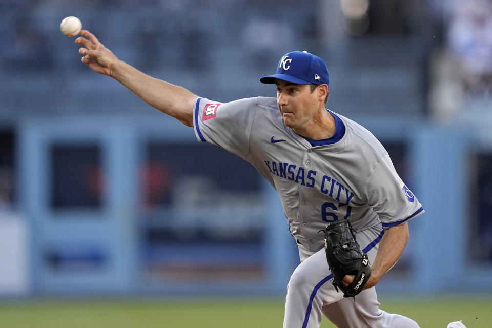 Kansas City Royals starting pitcher Seth Lugo throws to the plate during the first inning of a baseball game against the Los Angeles Dodgers Saturday, June 15, 2024, in Los Angeles. (AP Photo/Mark J. Terrill)