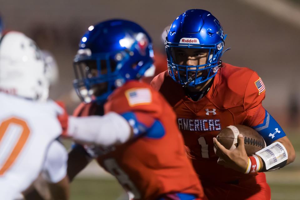 Americas' Mark Moore III (1) at a high school football game against Pebble Hills at the Socorro ISD Students Activities Complex on Friday, Sept. 30, 2022, in El Paso, Texas.