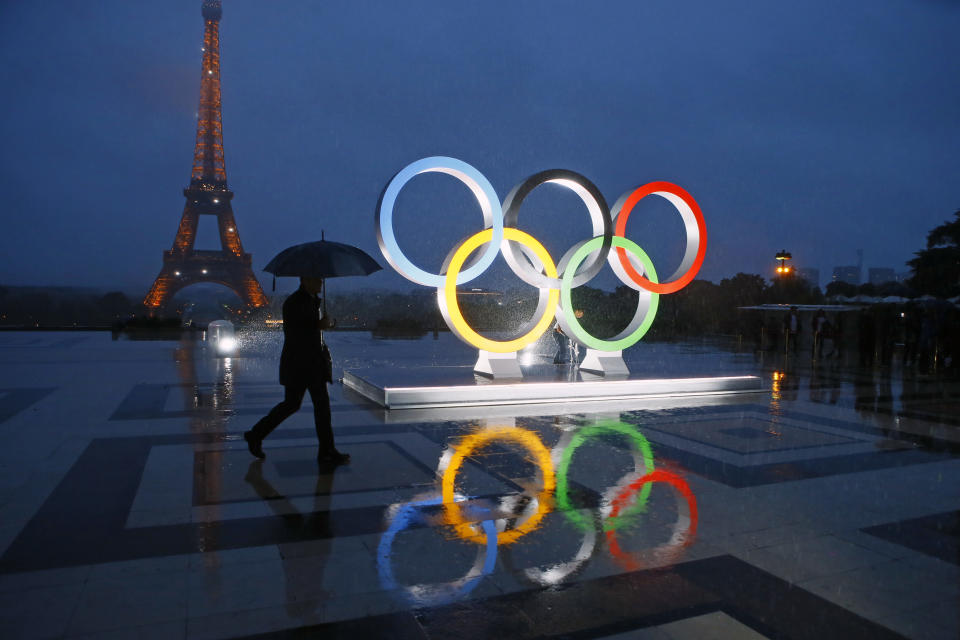 FILE - A display of the Olympic rings is set up on Trocadero plaza that overlooks the Eiffel Tower, after the vote awarding the 2024 Games to the French capital, in Paris, Wednesday, Sept. 13, 2017. Online applications for a lottery draw where winners can buy tickets for next year’s Olympic Games in Paris has closed. Entries for the draw ended at 6 p.m. local time on Thursday, April 20, 2023 and applicants must wait until early next month to find out if they were successful. (AP Photo/Francois Mori, File)