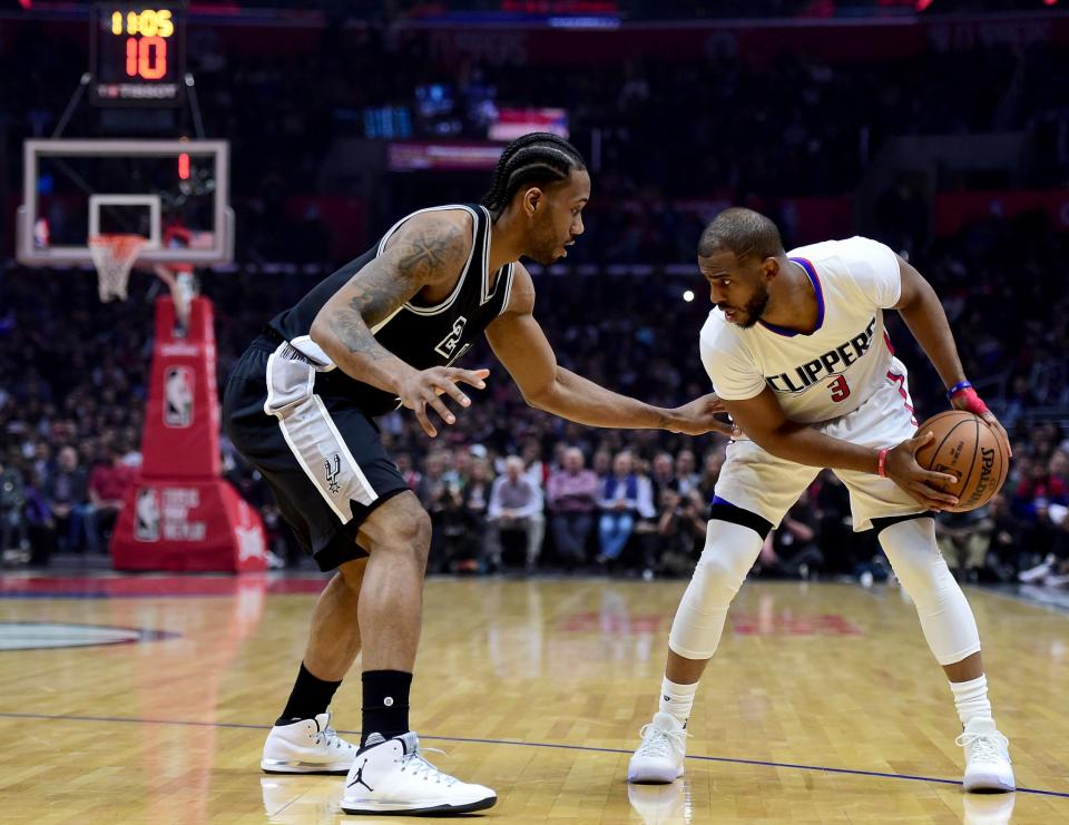 Chris Paul sizes up Kawhi Leonard, and considers his option. (Getty Images)