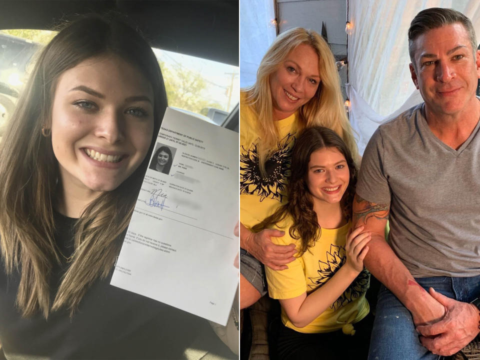 Mia after being issued a temporary driver's license in October (left), and Mia with her parents on Sept. 30, the day she was released on probation. (Photo: Family Handout)