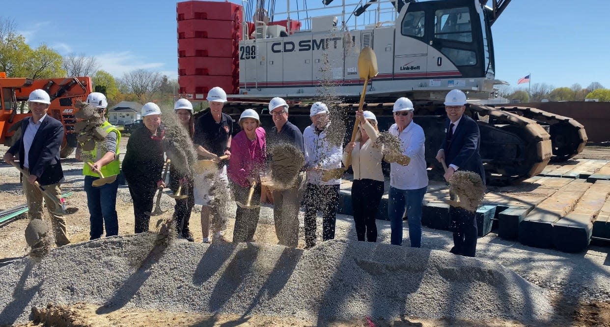 Donors for the Boys & Girls Club of the Tri-County Area Ripon site helped break ground on the new facility. They include, from left, Brannin Gries, Chris Badtke, Joanna Salmela, Becky Erickson-Huenerberg, Andy Lyke, Mary Lyke, Tim Lyke, Ed Wabiszewski, Carol Joseph and Tom Joseph alongside club CEO Jason Presto.