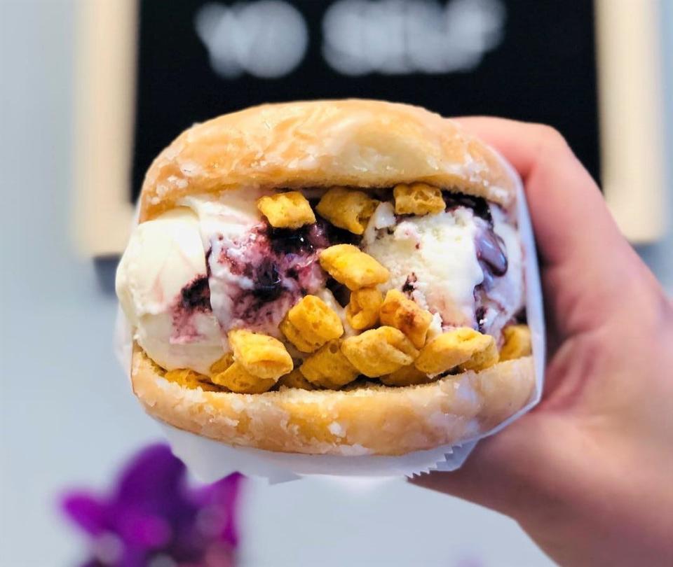 TeeJay's Sweet Tooth on Indianapolis' north side boasts 16 rotating ice cream flavors that may be stuffed inside glazed doughnuts and hit with various toppings including breakfast cereal.