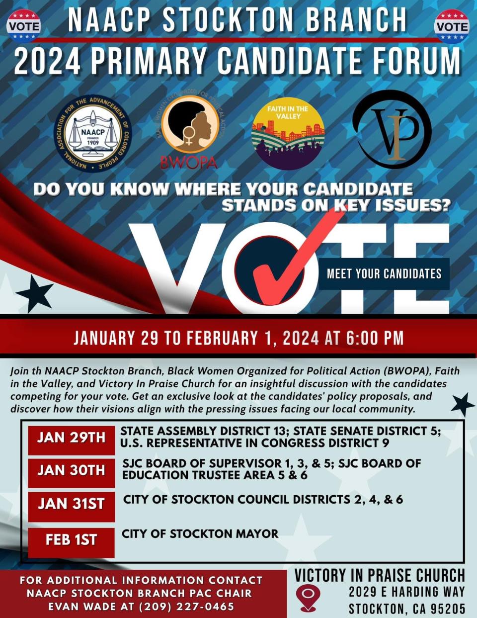 Flyer for NAACP Stockton Branch's 2024 candidate forums.