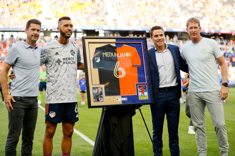 FC Cincinnati midfielder Haris Medunjanin (6) is honored before kickoff in the first half of the MLS match between FC Cincinnati and Philadelphia Union at TQL Stadium in Cincinnati on Saturday, Aug. 6, 2022. The game was tied 0-0 at halftime. 