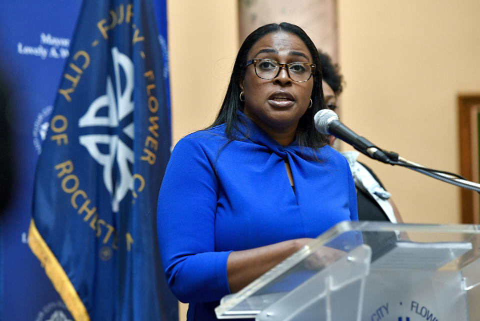 FILE- In this Sept. 3, 2020, file photo, Rochester, N.Y. Mayor Lovely Warren addresses the media during a news conference in Rochester, N.Y. An investigation into the official response to Daniel Prude's police suffocation death last year in Rochester, is faulting the city's mayor and former police chief for keeping critical details of the case secret for months and lying to the public about what they knew. The report, commissioned by Rochester’s city council and made public Friday, March 12, 2021. (AP Photo/Adrian Kraus, File)