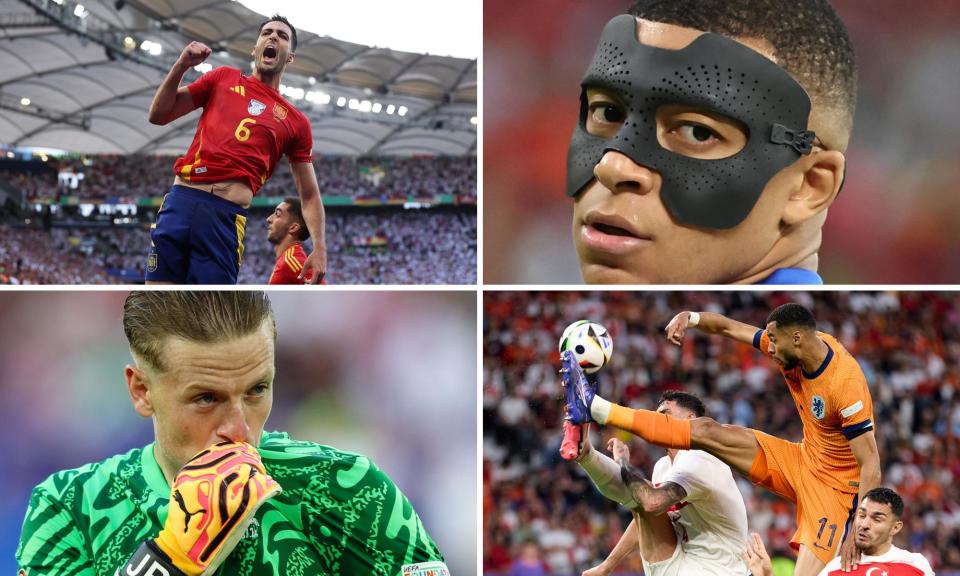 <span>(Clockwise from top left) Spain’s Mikel Merino, Kylian Mbappé of France, the Netherlands’ Cody Gakpo and England’s goalkeeper Jordan Pickford.</span><span>Composite: Guardian Picture Desk</span>